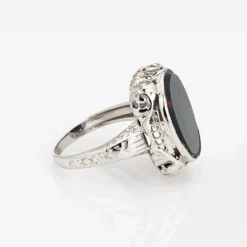 Bague Art Déco Vintage Jaspe Sanguin en Or Blanc Filigrané