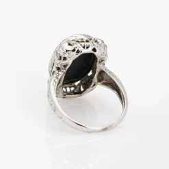 Bague Art Déco Vintage Jaspe Sanguin en Or Blanc Filigrané