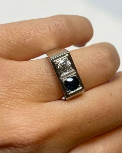 BAGUE ART DECO JONC PLATINE DIAMANT SAPHIR