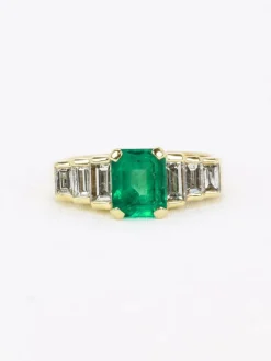 Bague Art Deco or jaune diamants emeraude colombienne Muzo 1,9 carat