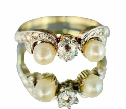 Bague Art Nouveau décor de fleur de Lys en argent sur or