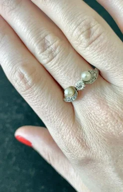 Bague Art Nouveau décor de fleur de Lys en argent sur or