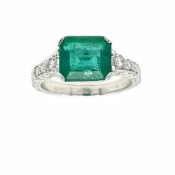 Bague Art Nouveau Diamant Émeraude en or blanc