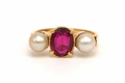 Bague Art Nouveau en or jaune 18 carats sertie d'une tourmaline et de perles