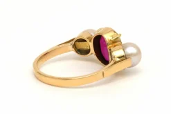 Bague Art Nouveau en or jaune 18 carats sertie d'une tourmaline et de perles