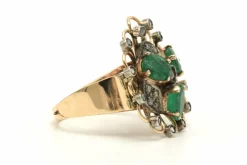 Bague Art Nouveau en or jaune 18 carats sertie d'émeraude et de diamants taille 