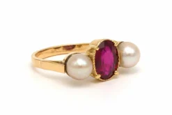 Bague Art Nouveau en or jaune 18 carats sertie d'une tourmaline et de perles