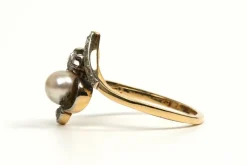 Bague Art Nouveau or jaune et argent, perle et diamants