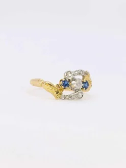 Bague Art Nouveau trilogie or jaune saphir diamants