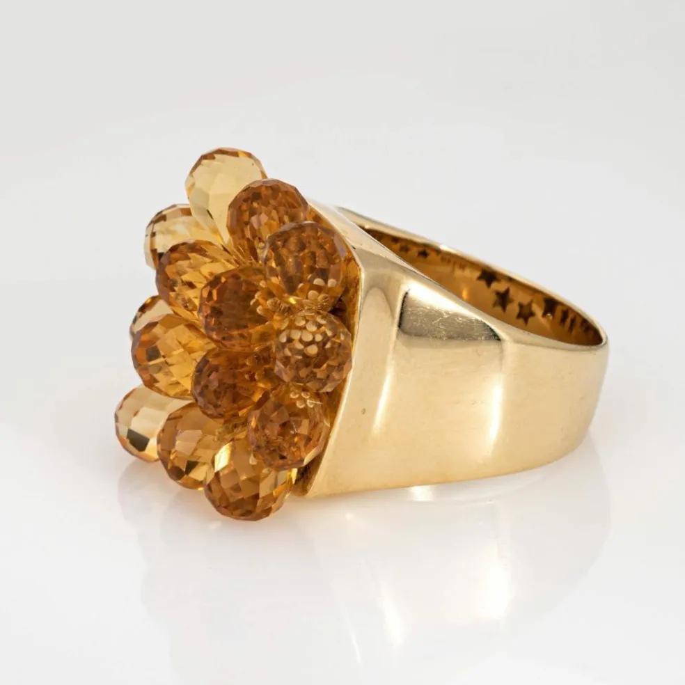 Bague articulée en citrine briolette, or 14 carats, bijou cocktail en forme de fleur