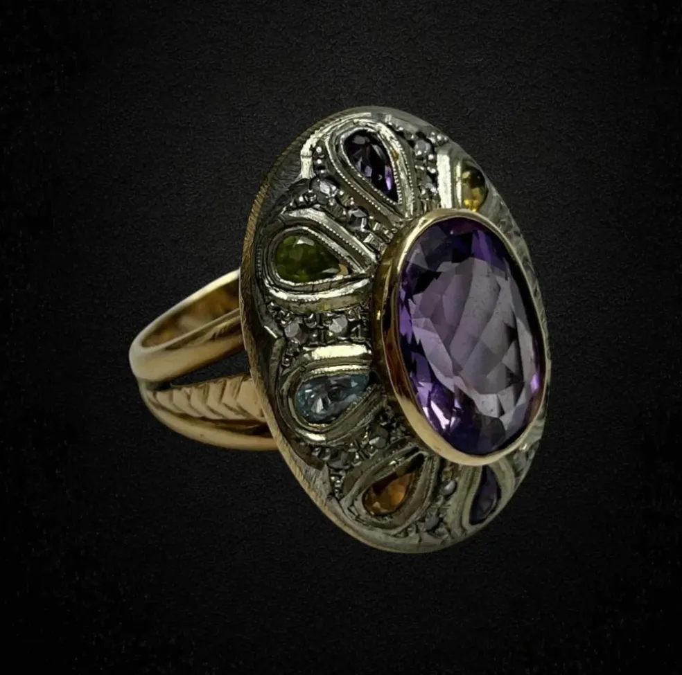 Bague artistique avec pierres multicolores