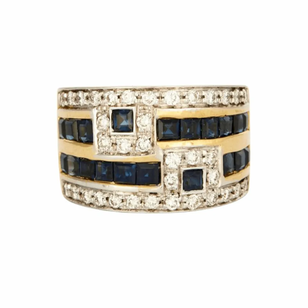 Bague bandeau or bicolore, saphirs, diamants