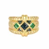 Bague bandeau or jaune, saphirs, émeraudes et diamants
