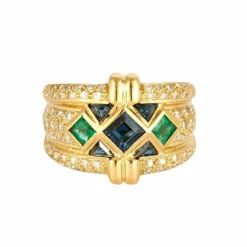Bague bandeau or jaune, saphirs, émeraudes et diamants