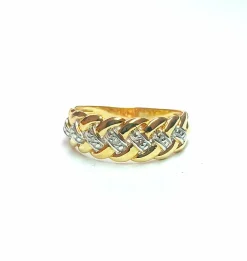 Bague bandeau tresse or jaune, or gris et diamants
