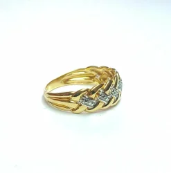 Bague bandeau tresse or jaune, or gris et diamants