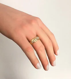 Bague bandeau tresse or jaune, or gris et diamants
