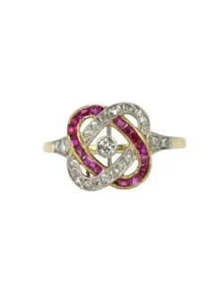 Bague Belle Epoque or jaune diamants rubis calibres