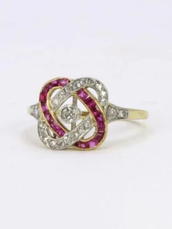 Bague Belle Epoque or jaune diamants rubis calibres