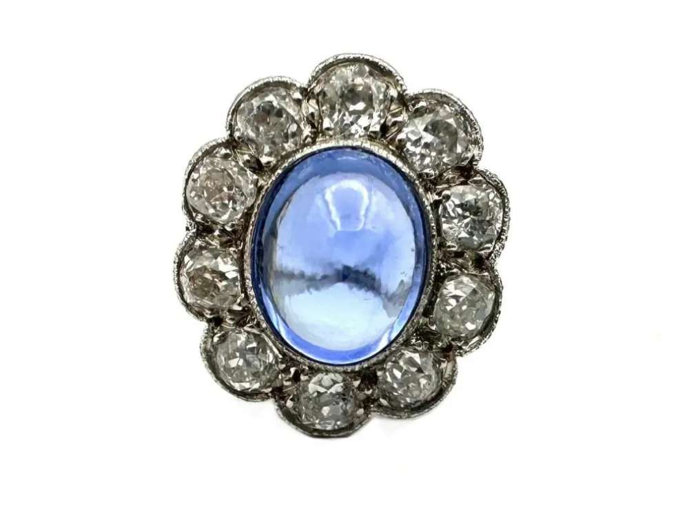 Bague Belle-Epoque en or blanc, saphir et diamants