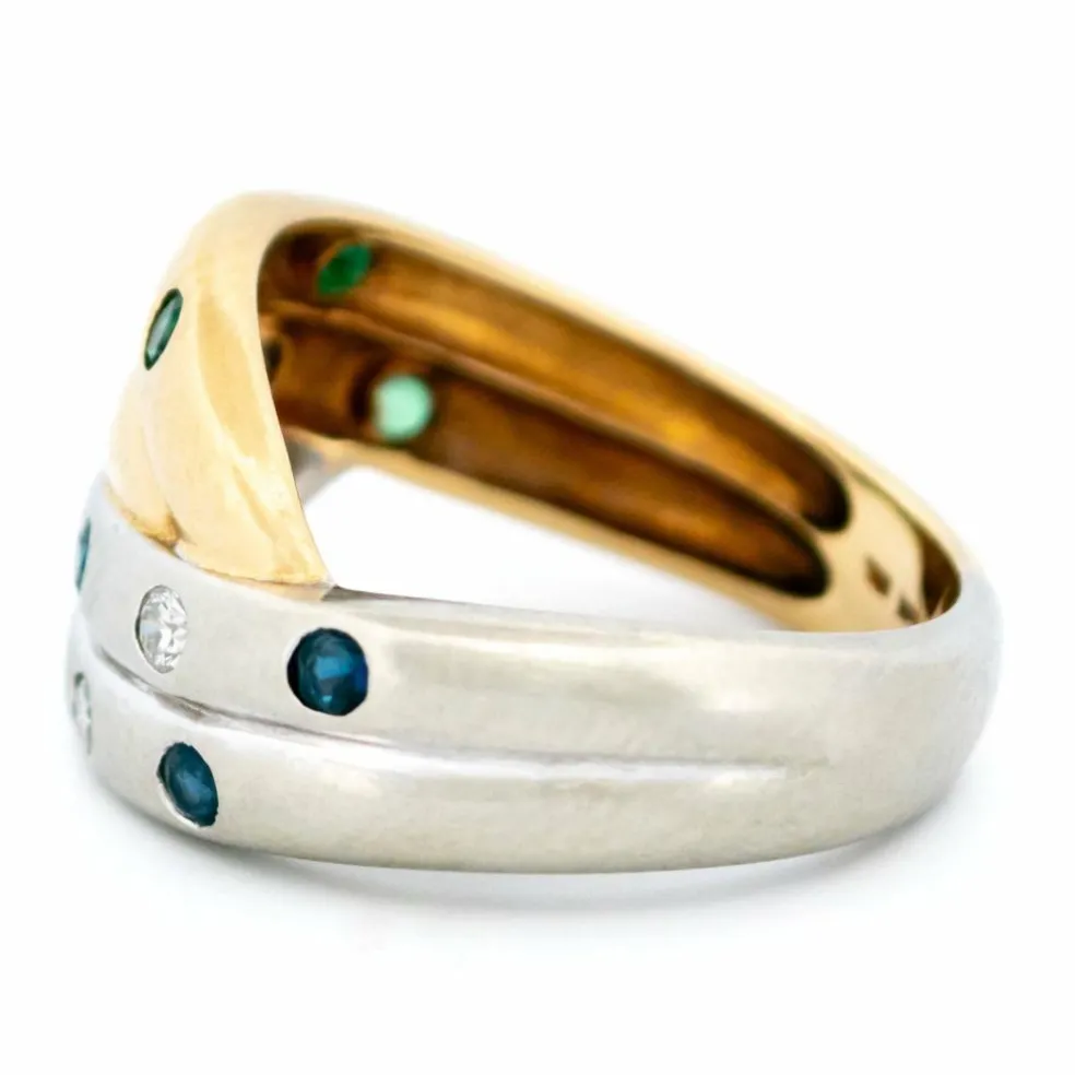 Bague bicolore diamants émeraude saphirs