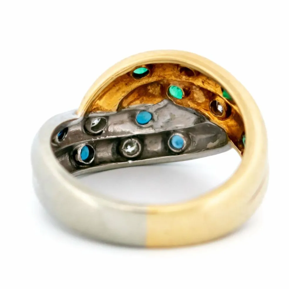 Bague bicolore diamants émeraude saphirs