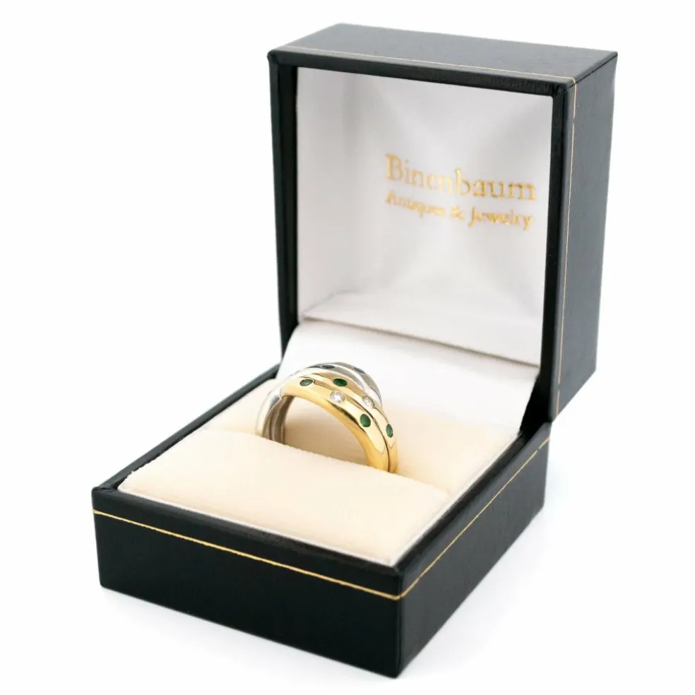 Bague bicolore diamants émeraude saphirs