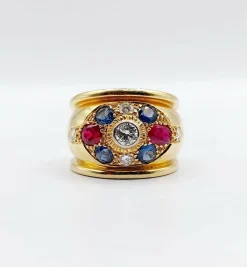 Bague bombée 1960 or, diamant saphirs, rubis