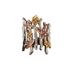 Bague Branche Papillons Saphirs roses et jaunes Diamants