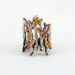 Bague Branche Papillons Saphirs roses et jaunes Diamants