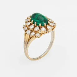 Bague cabochon en diamant émeraude, bague de fiançailles en or vintage avec pierres précieuses
