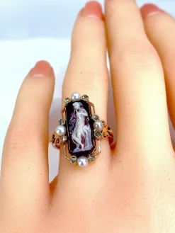 Bague camée sur agate perles fines diamants