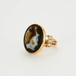 BAGUE CAMEE FIN ANCIEN ONYX OR DIAMANTS
