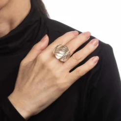 Bague Cannelée Cristal de Roche Diamant Dôme Cocktail Vintage Or
