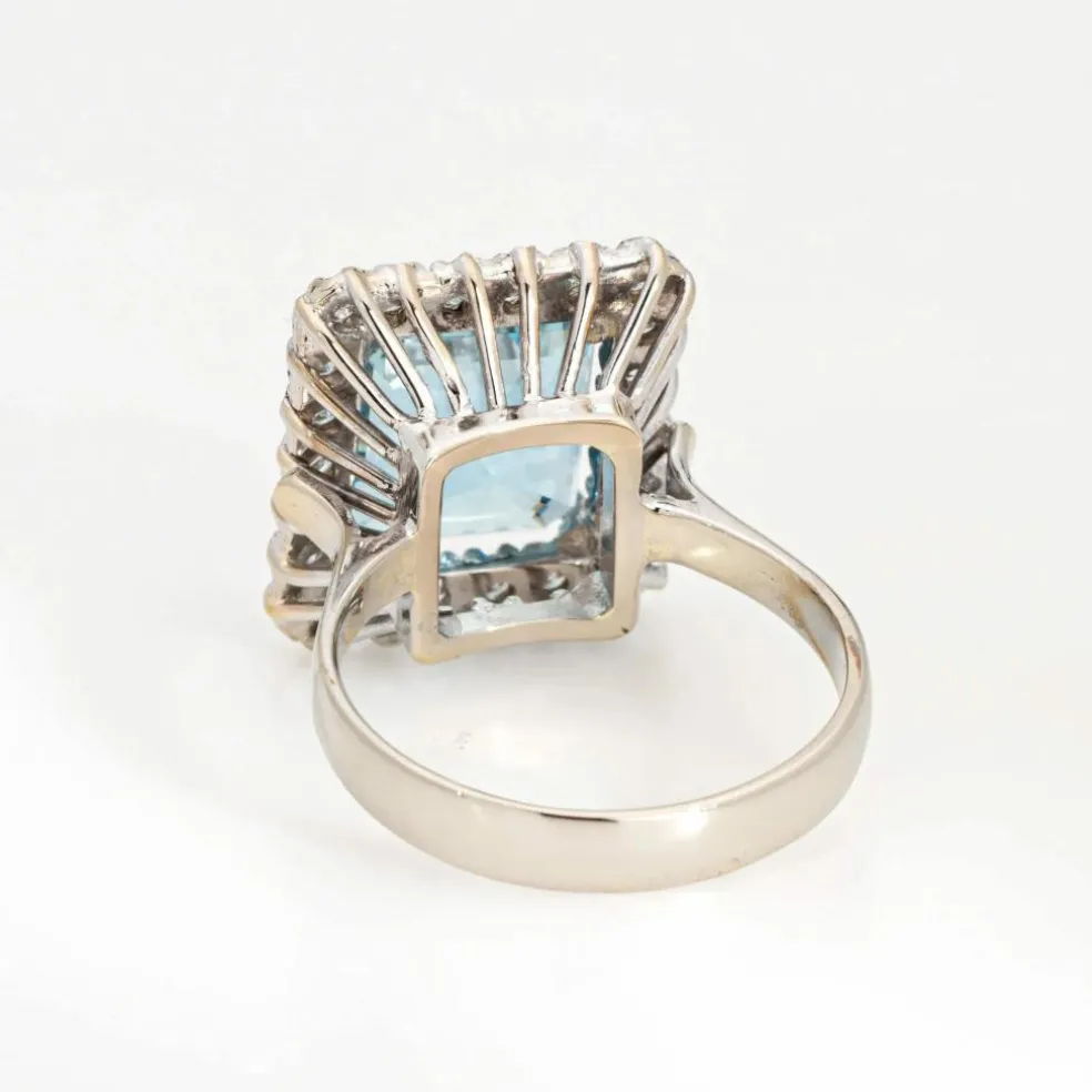 Bague carrée diamant aigue-marine 5,35 ct or blanc vintage