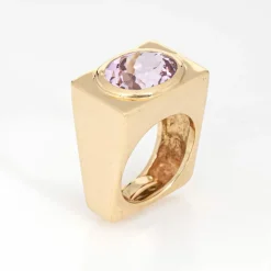 Bague carrée en kunzite des années 70, anneau lourd, vintage, or jaune 14 carats