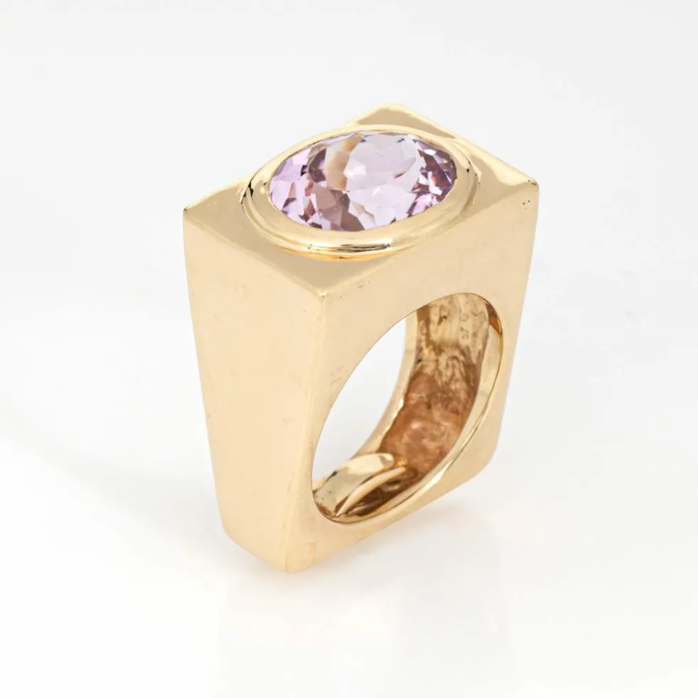 Bague carrée en kunzite des années 70, anneau lourd, vintage, or jaune 14 carats