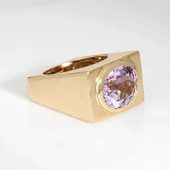 Bague carrée en kunzite des années 70, anneau lourd, vintage, or jaune 14 carats