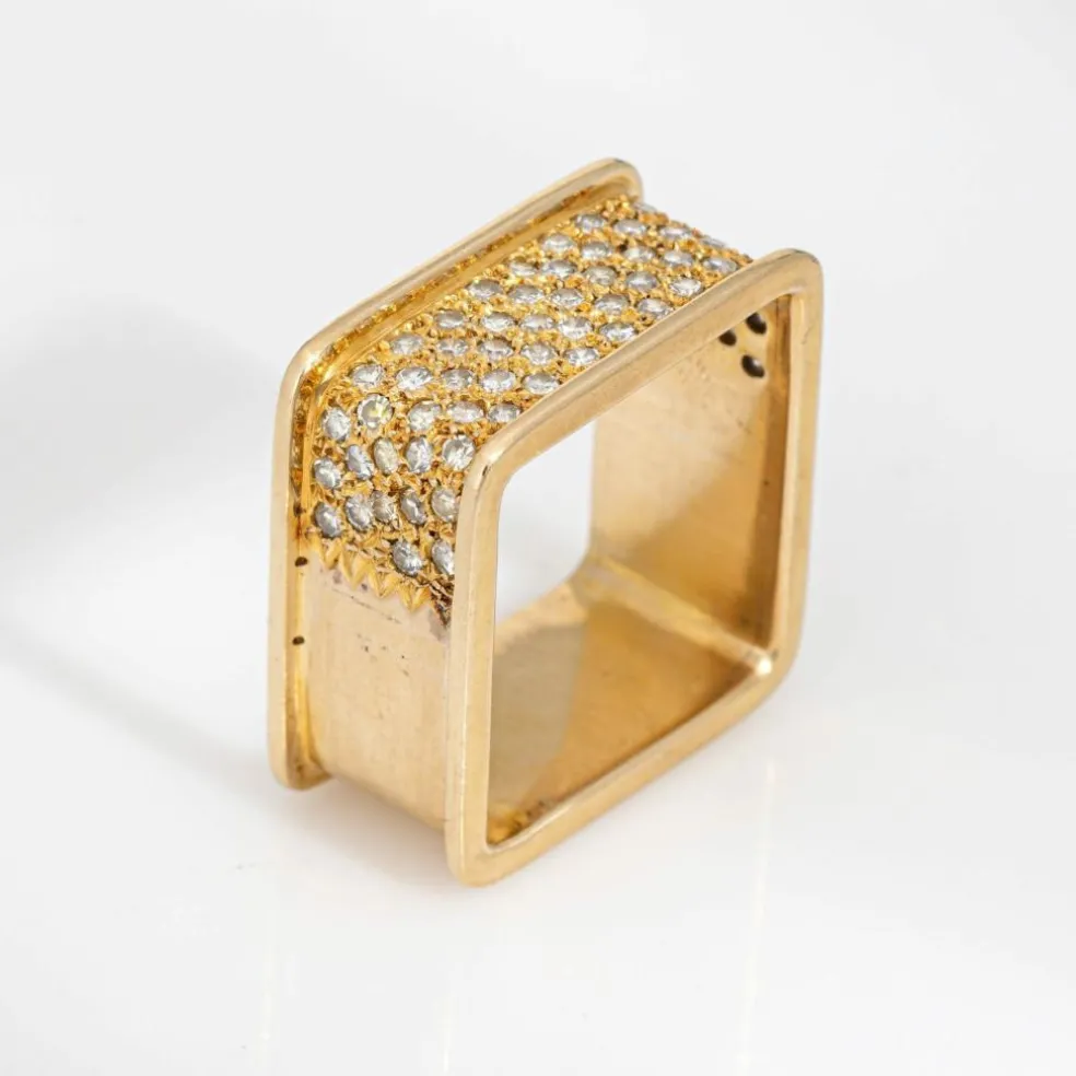 Bague carrée en or jaune 14 carats avec diamants des années 70, bijou vintage