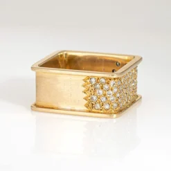 Bague carrée en or jaune 14 carats avec diamants des années 70, bijou vintage