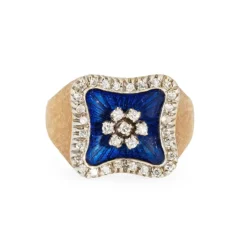 Bague carrée en or jaune, diamant et émail bleu royal