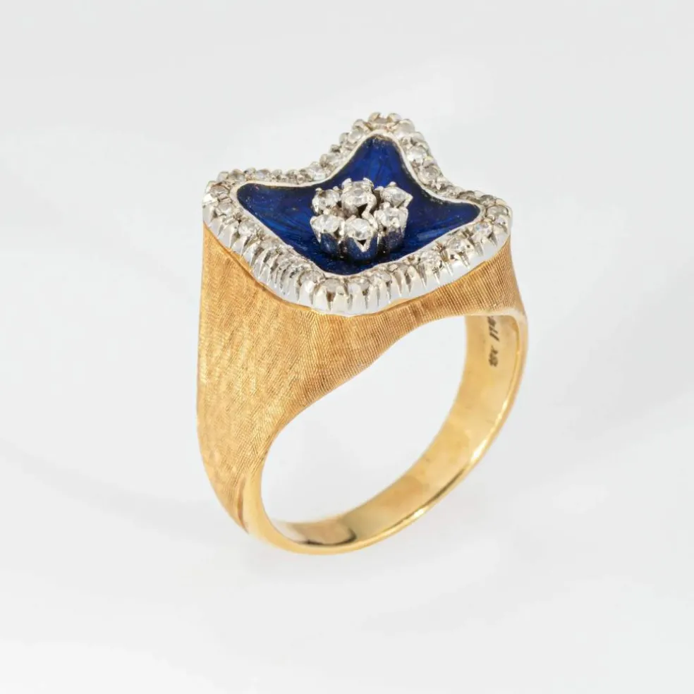 Bague carrée en or jaune, diamant et émail bleu royal
