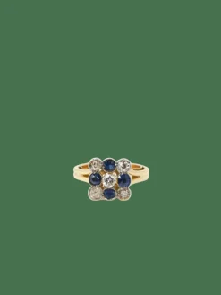 Bague carrée saphirs diamants taille ancienne