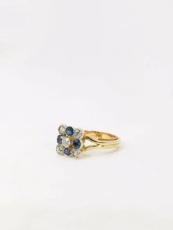 Bague carrée saphirs diamants taille ancienne