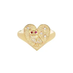Bague Chevalière Coeur Hibou Diamant Or Jaune