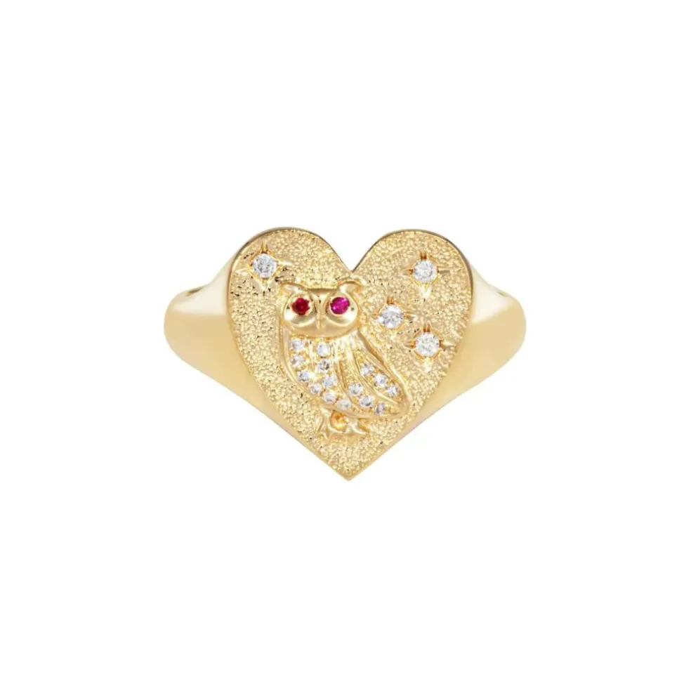 Bague Chevalière Coeur Hibou Diamant Or Jaune
