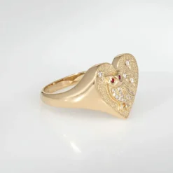Bague Chevalière Coeur Hibou Diamant Or Jaune