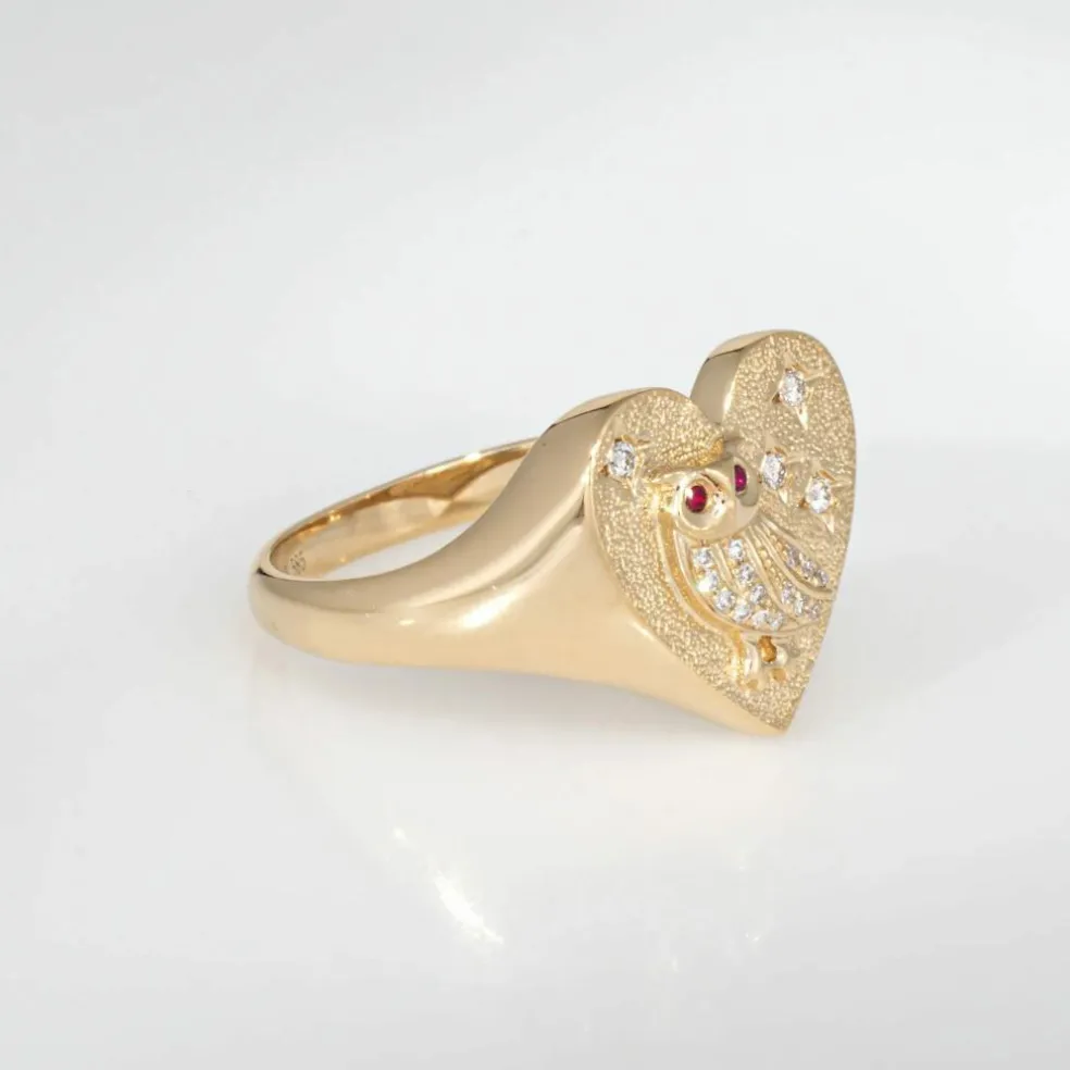 Bague Chevalière Coeur Hibou Diamant Or Jaune