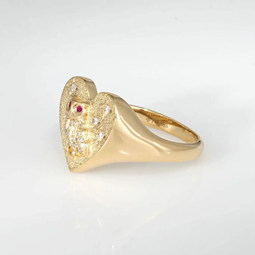 Bague Chevalière Coeur Hibou Diamant Or Jaune