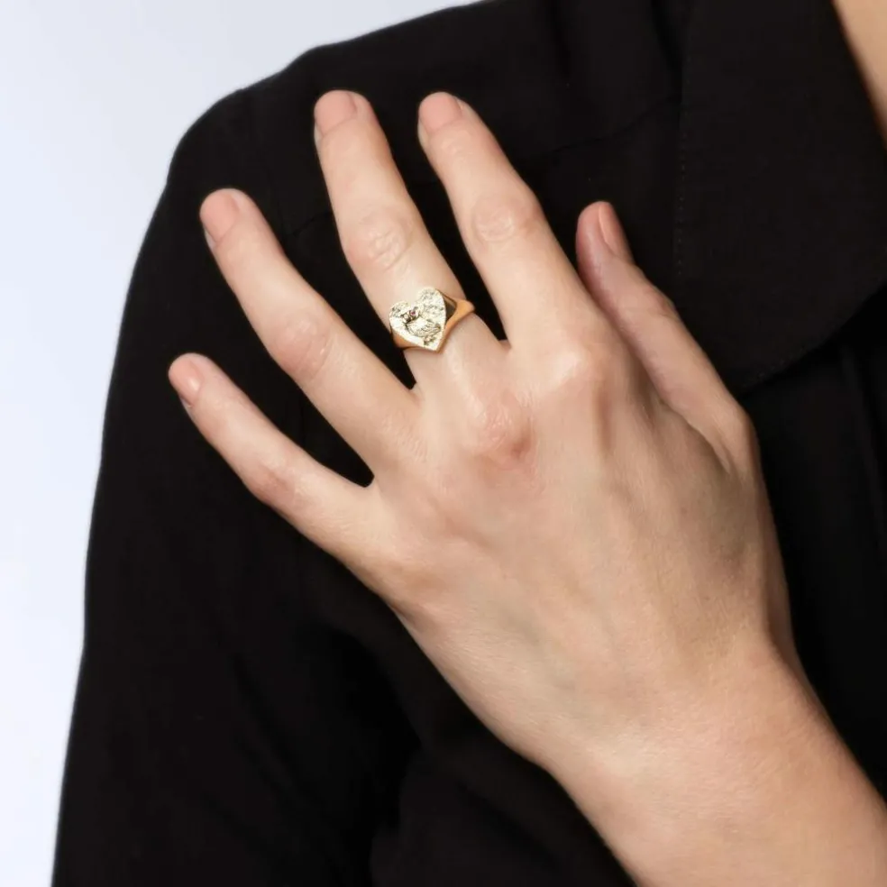 Bague Chevalière Coeur Hibou Diamant Or Jaune